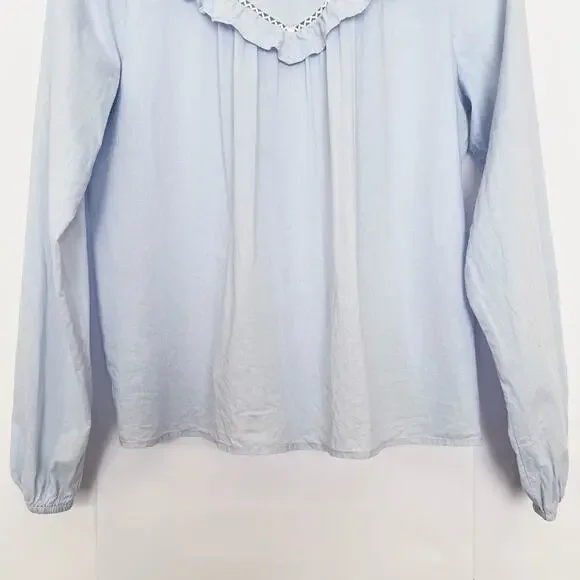 Loft Ruffle Long Sleeve Blouse Cotton Sheer Cottagecore Prairie Size Small Blue - Picture 4 of 16